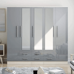 Modern grey gloss 5 door wardrobe with 3 mirrors for contemporary bedroom storage