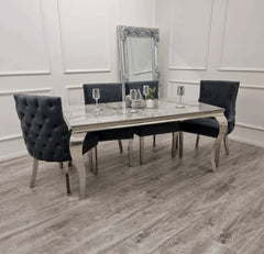 Grey Louis marble effect dining table with dark grey Kensington chairs main view from Solid Furniture UK modern dining set