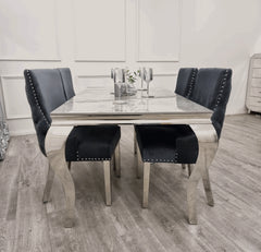 Side view of Grey Louis marble effect dining table with chrome legs from Solid Furniture UK showing modern design and structure