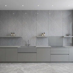 Grey marble PVC wall cladding 90×240cm installed in a modern kitchen by Solid Furniture UK