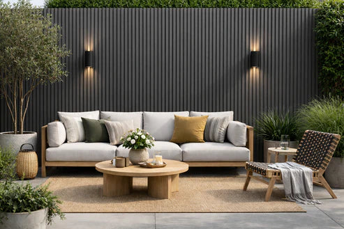 Installed grey outdoor wall panels 16x240cm pack of 12 UK by Solid Furniture LTD on exterior wall with modern slatted finish