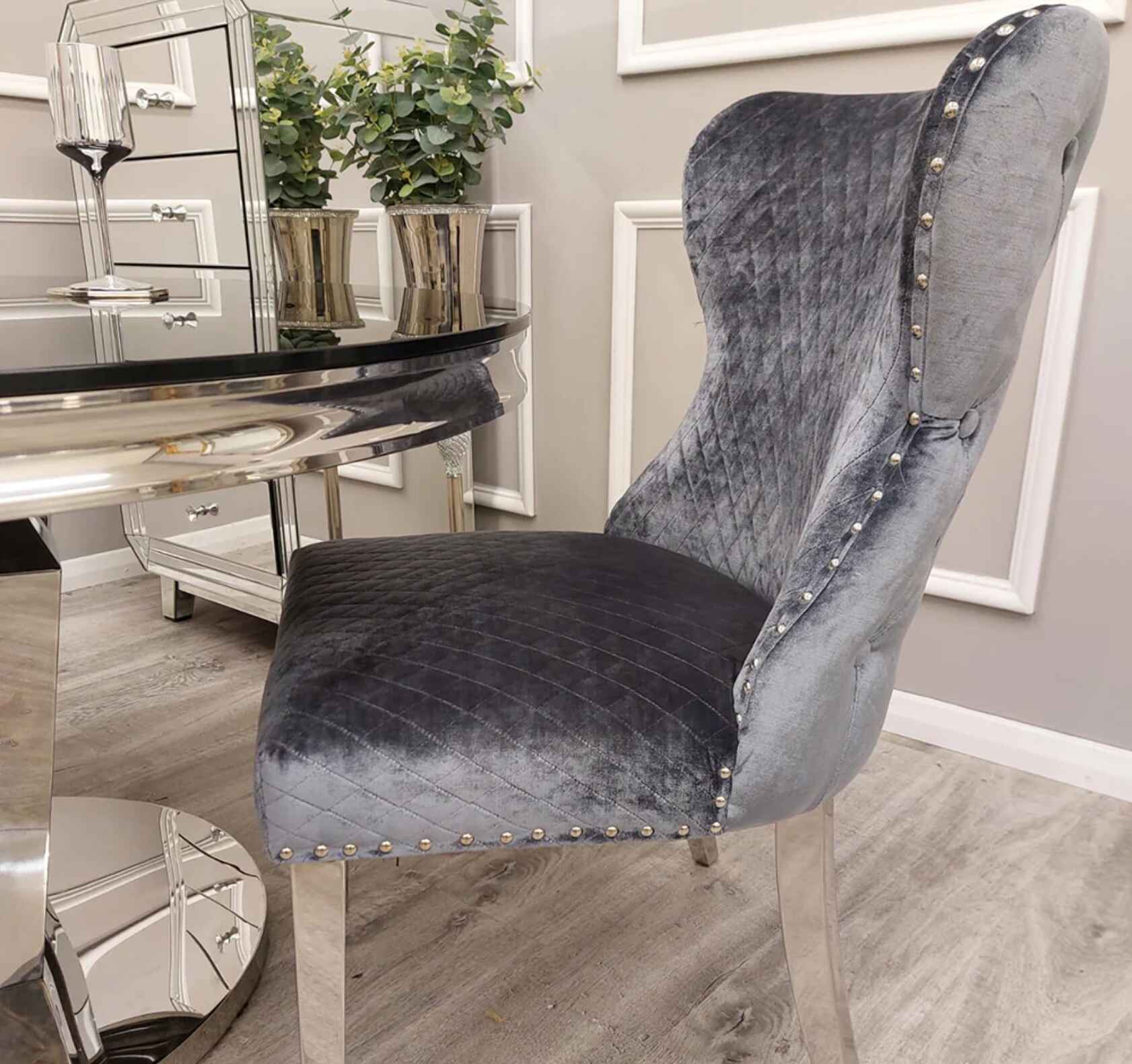 Chelsea Chrome Grey Shimmer Dining Chairs SOLID FURNITURE