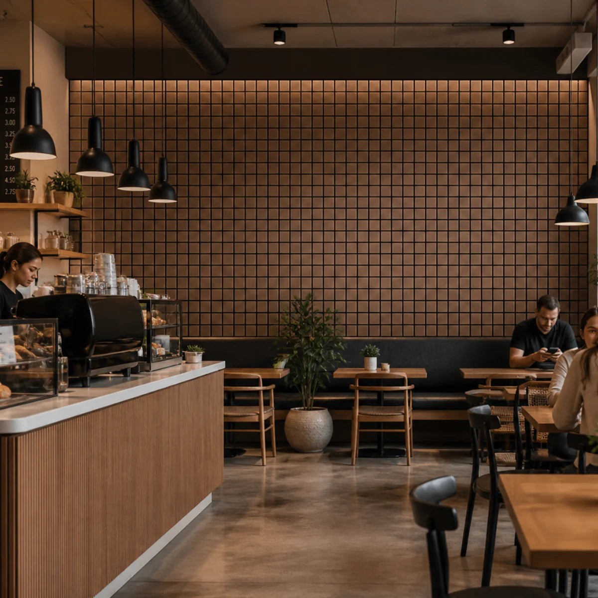 Grid Acoustic Wall Panels 120cm x 30cm installed as a feature wall in a restaurant UK by Solid Furniture UK, modern acoustic wood design interior