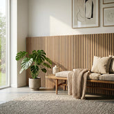 Half Height Maple Acoustic Wood Veneer Wall Panels installed in a modern living room from Solid Furniture UK