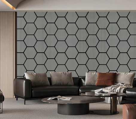Acoustic hexagon wall panels installed on a modern interior wall for sound absorption