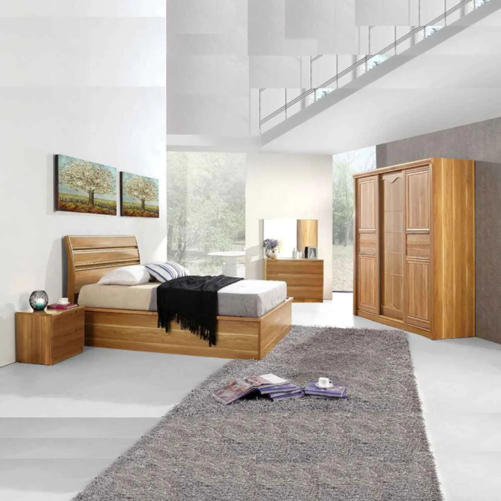 High Gloss Alexandra Oak Ottoman Storage Bed with modern headboard by Solid Furniture UK