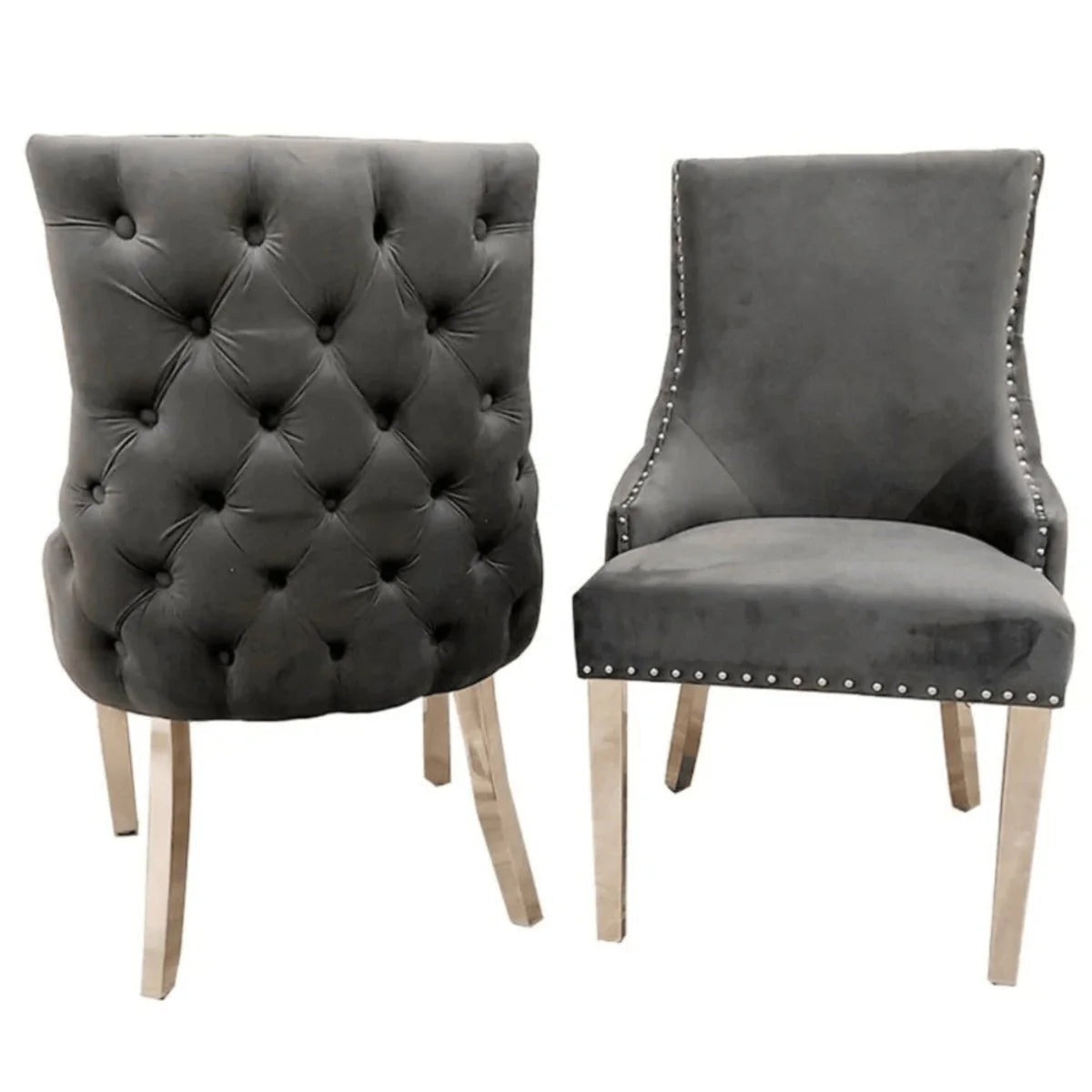 Kensington dark grey fabric deep button back chrome dining chairs pair view UK from Solid Furniture UK