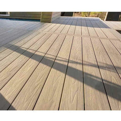 Close-up view of khaki composite decking wood-effect texture by Solid Furniture UK