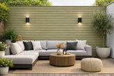 Khaki exterior composite wall panels with wood grain finish installed outdoors Solid Furniture UK