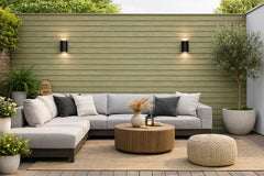 Khaki exterior composite wall panels with wood grain finish installed outdoors Solid Furniture UK