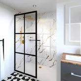 Large White and Gold gloss PVC wall panel installed in a modern bathroom by Solid Furniture UK