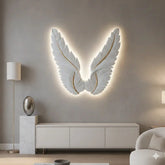 White LED wings wall art inspired by angel wings, made from resin with soft ambient lighting, wall-mounted, size 93 x 88 cm by Solid Furniture UK.
