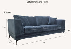 Lenox 3-seater dimension sofa in steel grey velvet, mid-century modern living room seating solid furniture UK