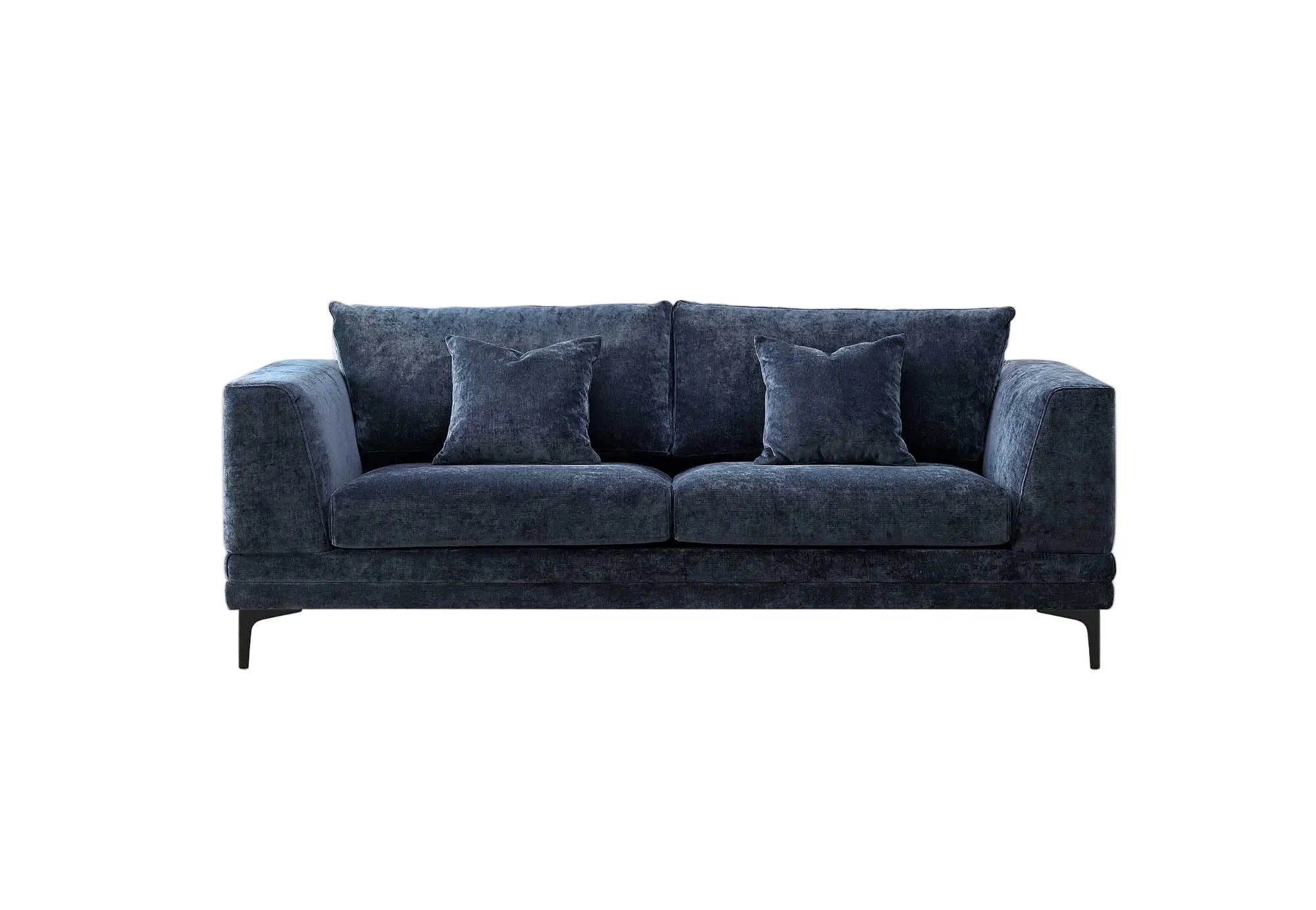 Lenox sofa in Aegean blue velvet upholstery with wooden plinth base – modern 2 seater and 3 seater velvet sofa