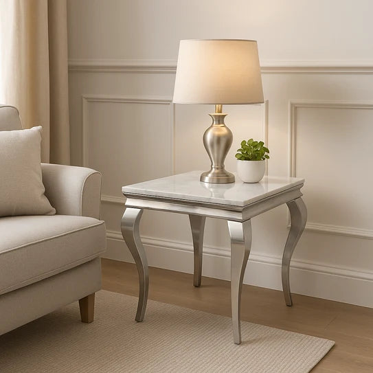 Lewis lamp table with marble-effect top and chrome frame styled beside a sofa in a modern living room, Solid Furniture UK