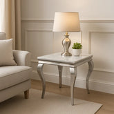 Lewis lamp table with marble-effect top and chrome frame styled beside a sofa in a modern living room, Solid Furniture UK