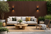 Installed light brown outdoor wall panels 16x240cm pack of 12 UK by Solid Furniture LTD on exterior wall with warm modern wood-effect finish