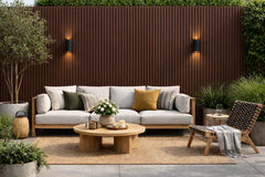 Installed light brown outdoor wall panels 16x240cm pack of 12 UK by Solid Furniture LTD on exterior wall with warm modern wood-effect finish
