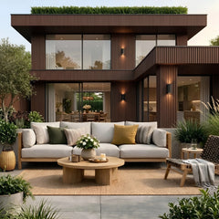 Light brown seamless WPC outdoor wall cladding 16×240cm pack of 12 fitted to a two-storey house exterior by Solid Furniture UK