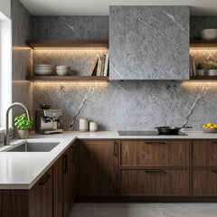Light Grey Marble PVC Wall Panels 60×240cm installed in a modern kitchen from Solid Furniture UK