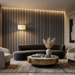 Light grey slatted acoustic wall panel installed in living room, designed to reduce echo and improve sound quality solid furniture UK