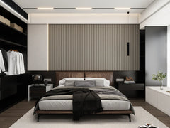 Interior room featuring installed light grey WPC wall panels UK by Solid Furniture LTD creating a stylish modern feature wall effect