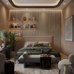 Light Oak Acoustic Slatted Wall Panels 60 × 240 cm used as a bedroom feature wall – Solid Furniture UK