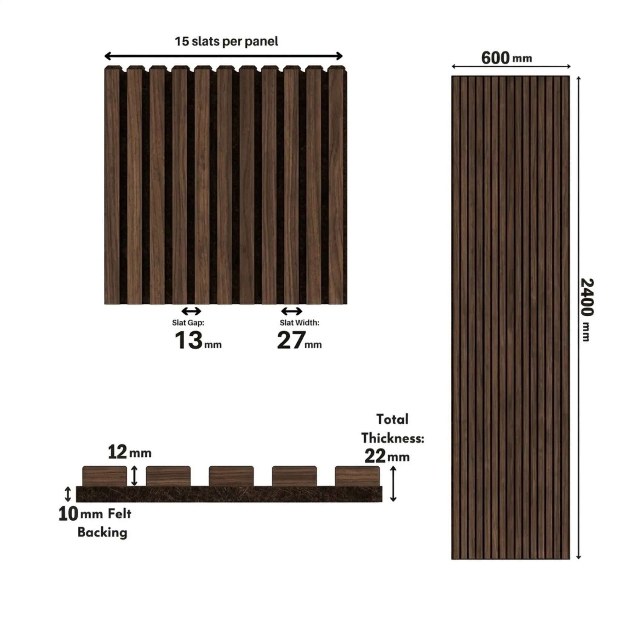Light Oak Acoustic Wall Panels 60 × 240 cm with panel measurements and slat dimensions – Solid Furniture UK