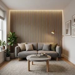 Light Oak Acoustic Slatted Wall Panels 60 × 240 cm installed in a modern living room – Solid Furniture UK