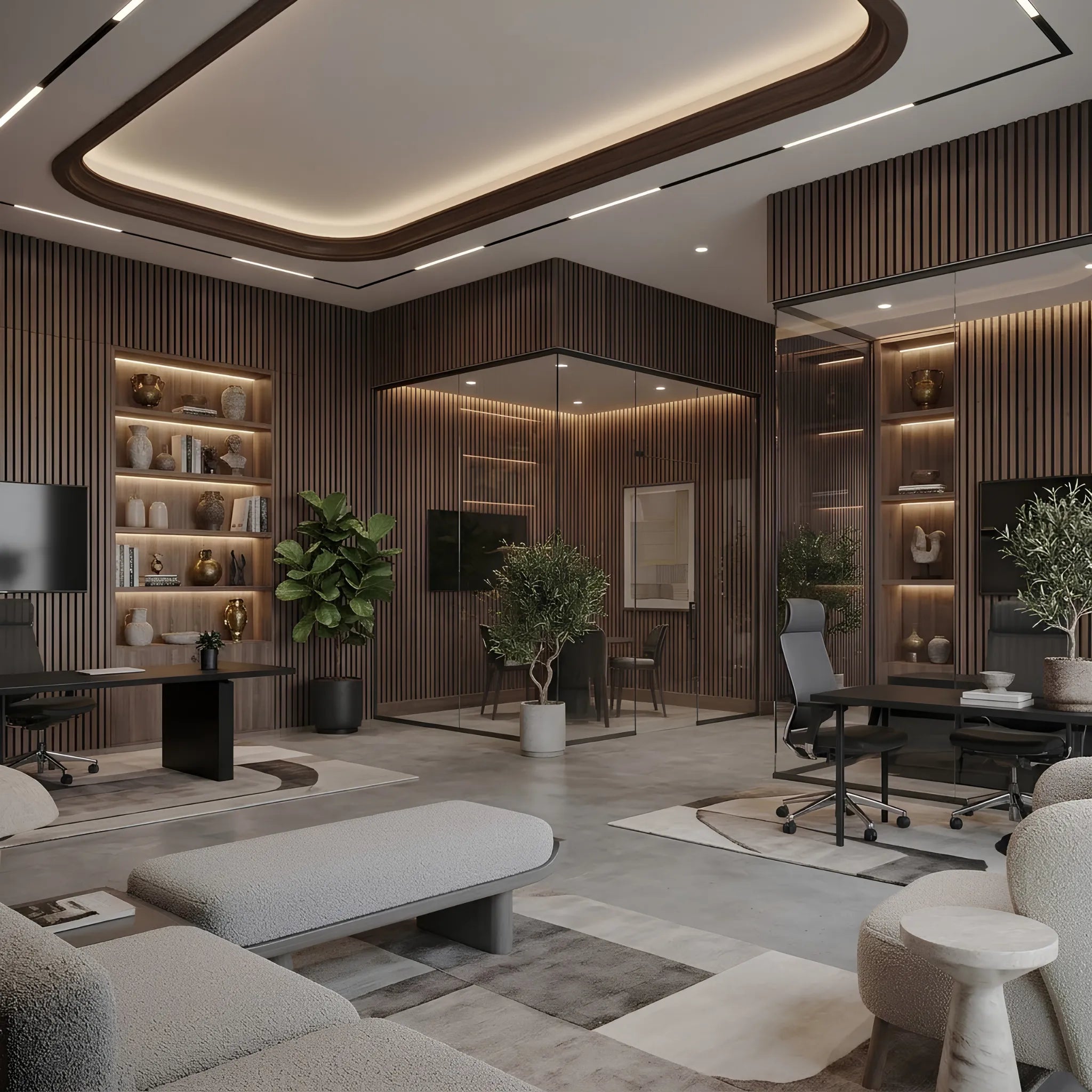 Light Oak Acoustic Slatted Wall Panels 60 × 240 cm featured in a contemporary office interior – Solid Furniture UK