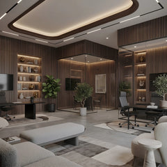 Light Oak Acoustic Slatted Wall Panels 60 × 240 cm featured in a contemporary office interior – Solid Furniture UK
