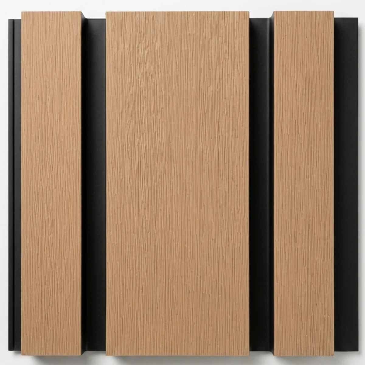 Close up view of Light Oak wide slat composite wall cladding showing realistic wood grain texture solid furniture UK
