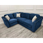 Lincoln 4 seater corner sofa in marine blue velvet fabric solid furniture UK