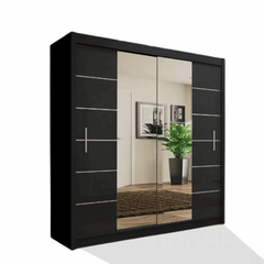 Black Wardrobe 150cm 2-door sliding wardrobe with mirror, shelves, and hanging rails