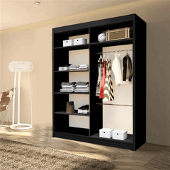 LISBON Black Wardrobe 203cm modern sliding wardrobe with mirror and storage
