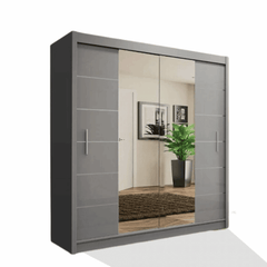 LISBON Grey Wardrobe 150cm 2-door sliding wardrobe with mirror, shelves, and hanging rails