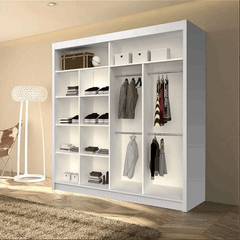 LISBON White Wardrobe 180cm sliding mirror wardrobe with shelves and hanging rails