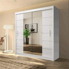 LISBON White Wardrobe sliding doors with mirror, shelves, and hanging rails