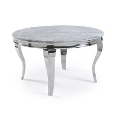 Louis 1.3m round silver grey marble effect sintered stone dining table with polished chrome pedestal base from Solid Furniture UK