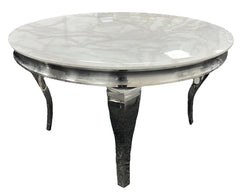 Louis 1.3m round white marble-effect sintered stone dining table with chrome base from Solid Furniture UK