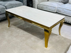 Louis 120cm Cream Marble Coffee Table with Gold Frame Side Angle View | Solid Furniture UK