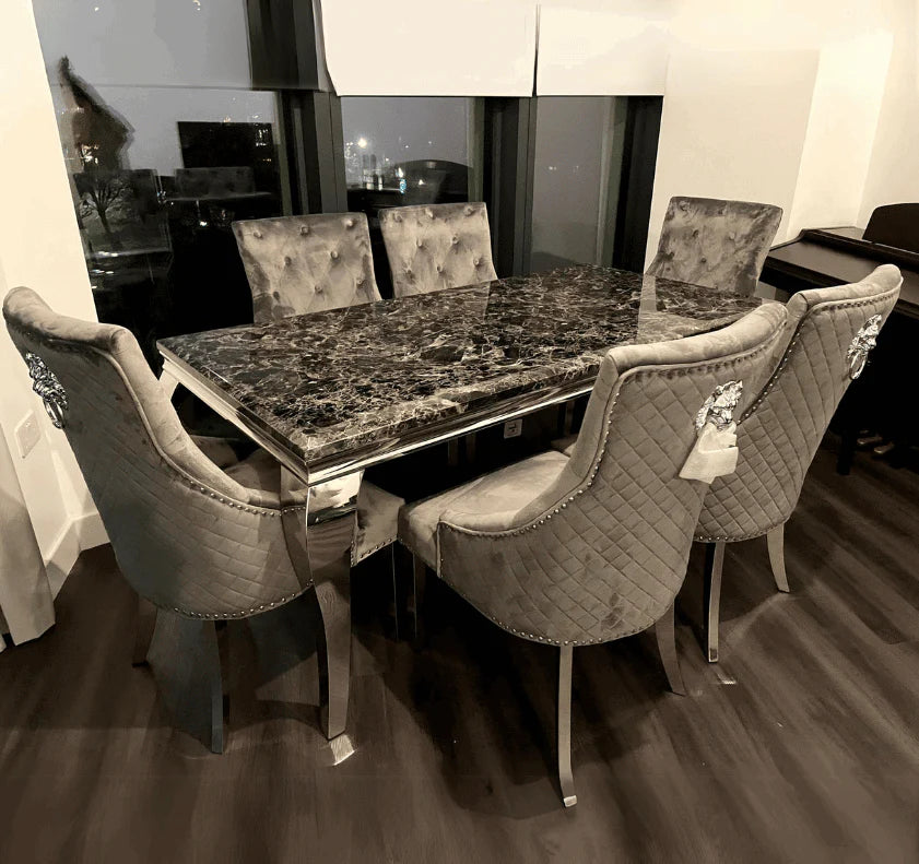 Louis black marble dining table with Bentley velvet chairs main view Solid Furniture UK modern dining set