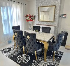 Louis gold marble dining table set with Victoria gold and black chairs Solid Furniture UK luxury modern dining set