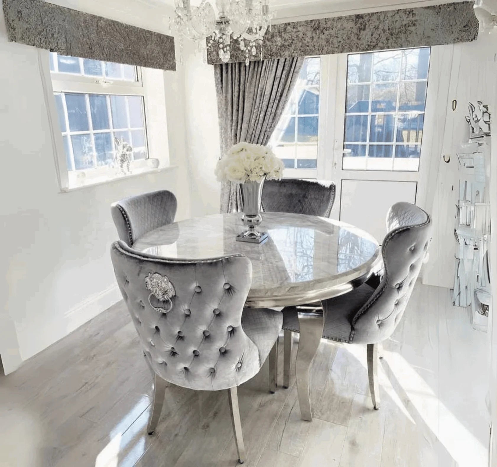 Louis Grey 1.3m round marble dining table with grey velvet chairs main view Solid Furniture UK