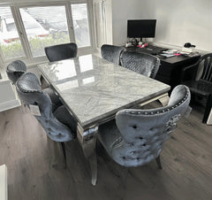 Louis grey marble dining table and velvet chairs set side view with chrome base by Solid Furniture UK, modern dining set UK