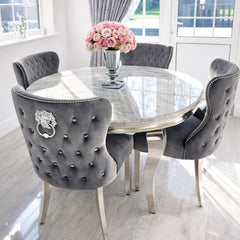 1.3m Louis round grey marble dining table main view with chrome base by Solid Furniture UK, luxury round dining table UK
