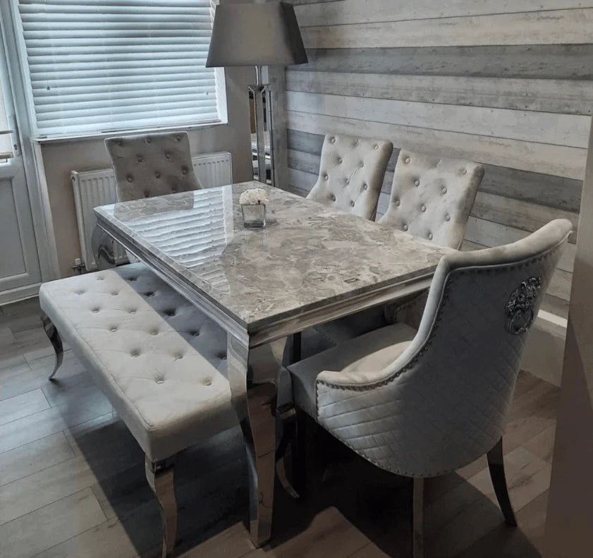 Louis light grey marble dining table with grey velvet chairs main view luxury dining set at Solid Furniture UK