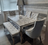Louis light grey marble dining table with grey velvet chairs main view luxury dining set at Solid Furniture UK