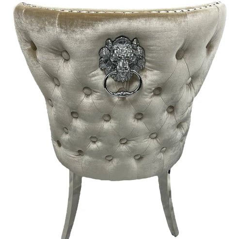 Louis Plush Dining Chair Mink by Solid Furniture UK back view featuring elegant shimmer shade velvet finish with luxury detailing and lion knocker design