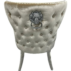 Louis Plush Dining Chair Mink by Solid Furniture UK back view featuring elegant shimmer shade velvet finish with luxury detailing and lion knocker design